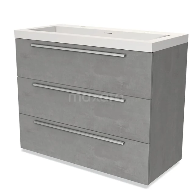 Grey bathroom unit with three drawers, modern concrete look and white vanity units with basin, ideal for stylish bathroom storage.