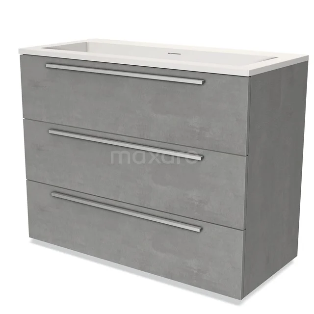 Grey vanity unit with three drawers, modern design, ideal for bathroom storage, concrete-look finish with sleek silver handles.