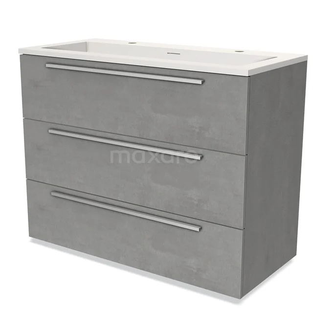 Grey bathroom unit with three spacious drawers, made of concrete-look MDF, including wide white basin worktop.