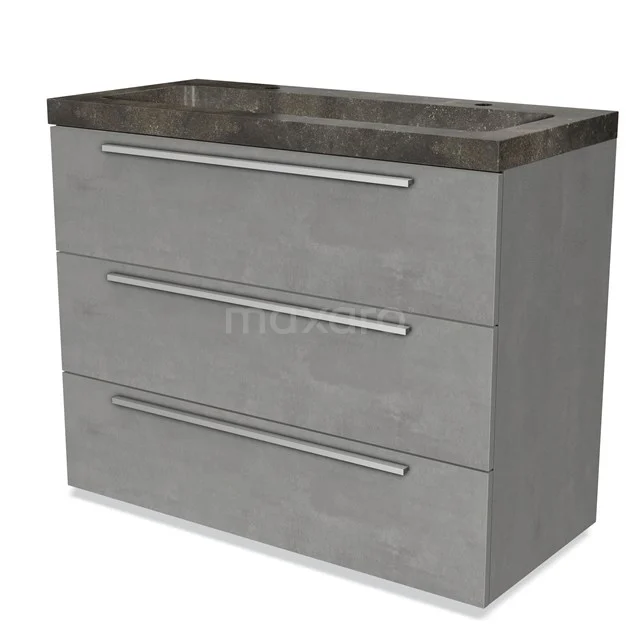 Grey bathroom cabinet with concrete look, three drawers and matching sink top, perfect for modern bathroom design.