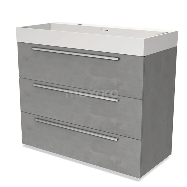 Grauer Badschrank mit drei Schubladen, modernes Design, ausgestattet mit einem weißen Waschbecken, ideal für stilvolle Badezimmerlagerung.
