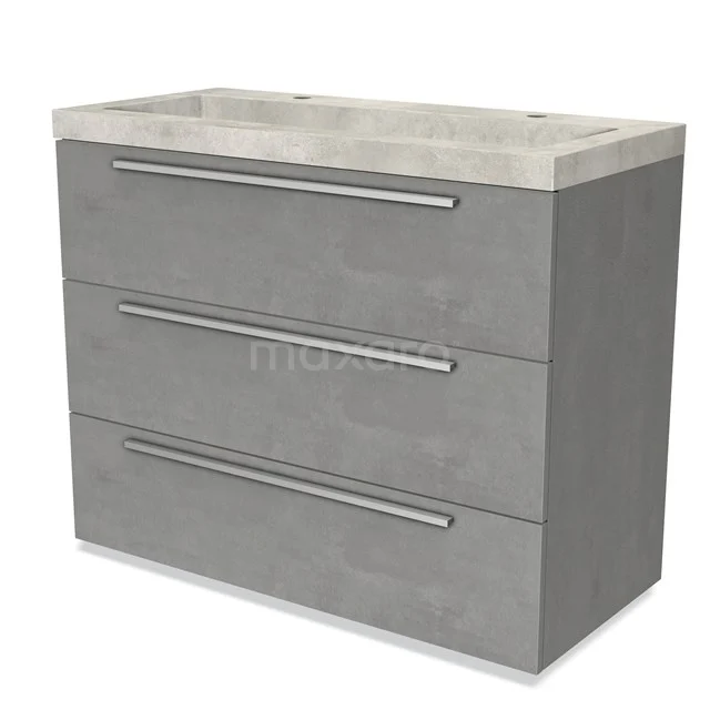 Grey bathroom unit with concrete look, three drawers and metal handles, stylish and functional for modern bathrooms.
