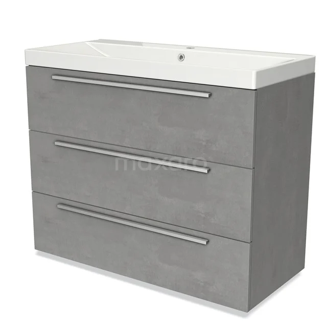 Grey Vanity unit with three drawers, concrete-look design and integrated basin, ideal for a modern bathroom.