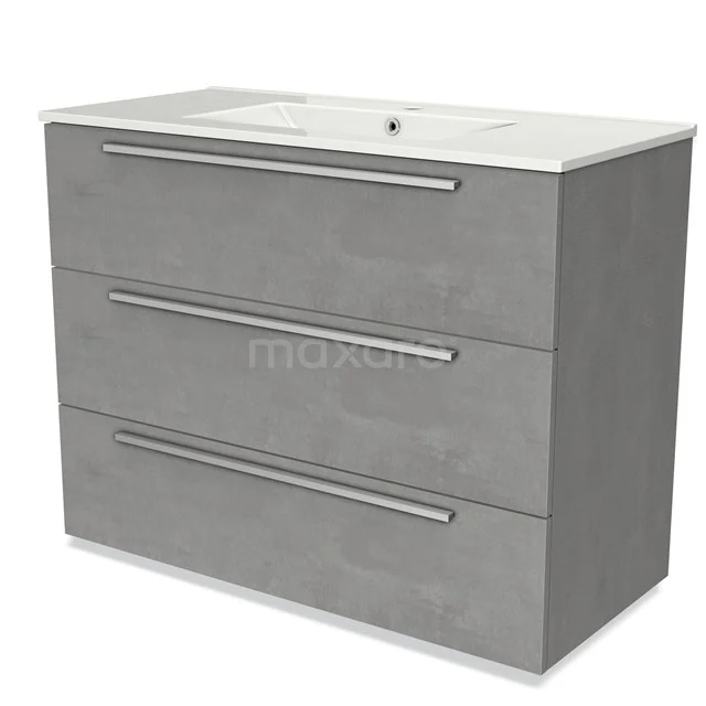Grey bathroom cabinet with three drawers, concrete look, with white basin; sleek modern design for optimal bathroom storage.