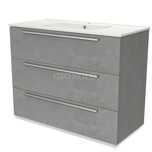 Grey bathroom cabinet with three drawers, modern design, includes white ceramic basin, ideal for bathroom storage.