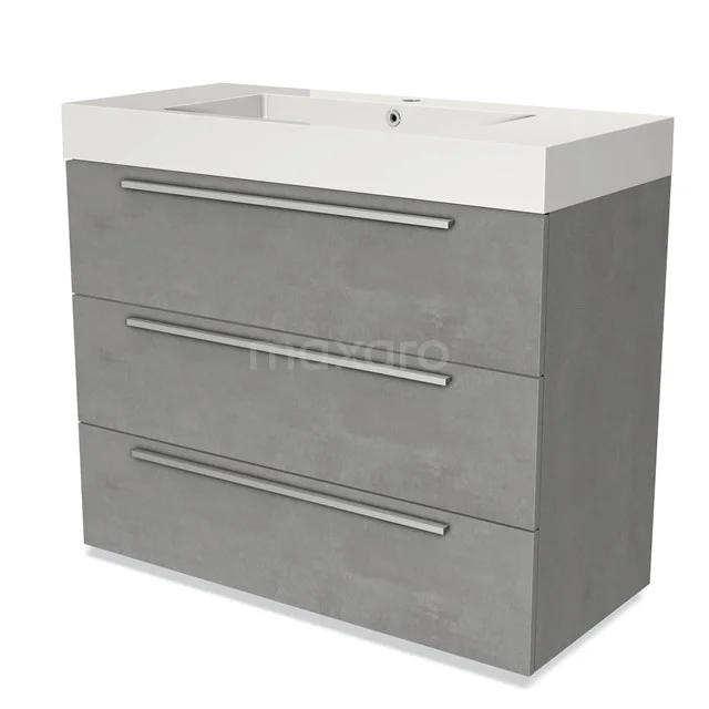 Grauer Badschrank mit Waschbecken, modernes Betonlook-Design, drei Schubladen und schlichte Haltegriffe.