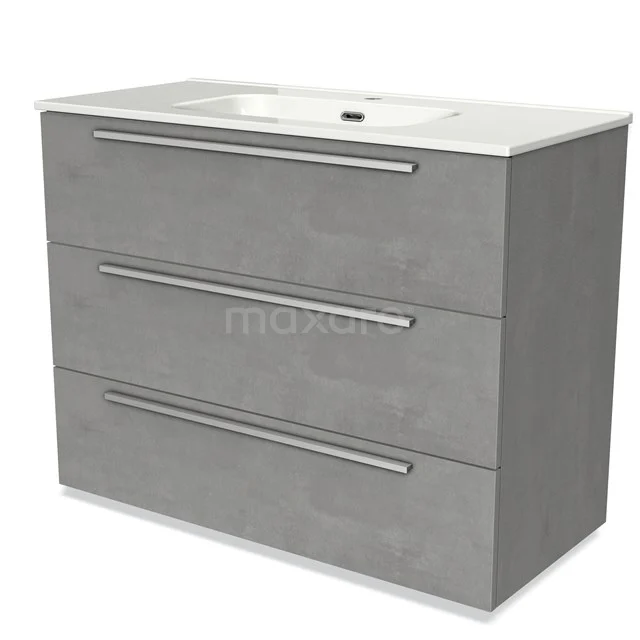 Grey bathroom unit with three wide drawers, modern look and integrated vanity units with basin, ideal for stylish bathrooms.