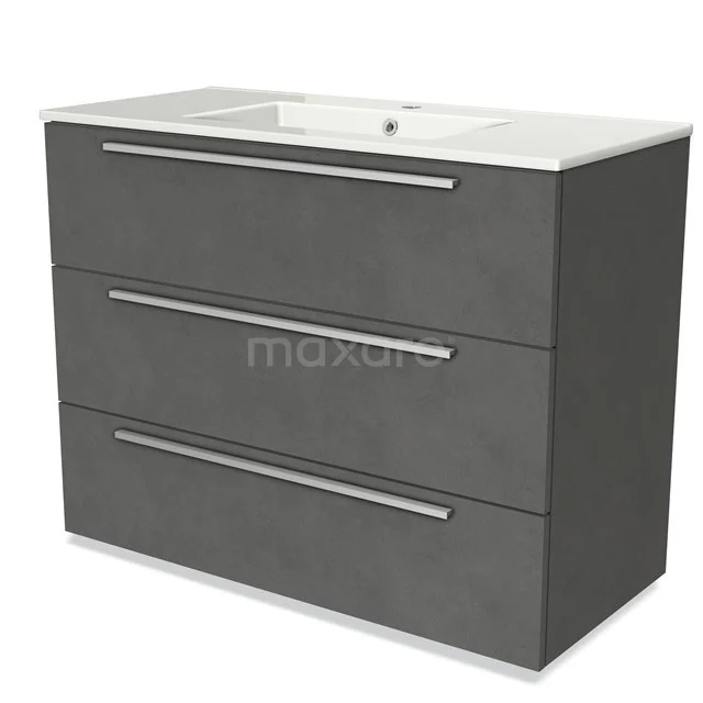 Modulo Vanity units with basin | 100 cm Dark grey concrete Flat front Ceramic 3 drawers BMW19-01133