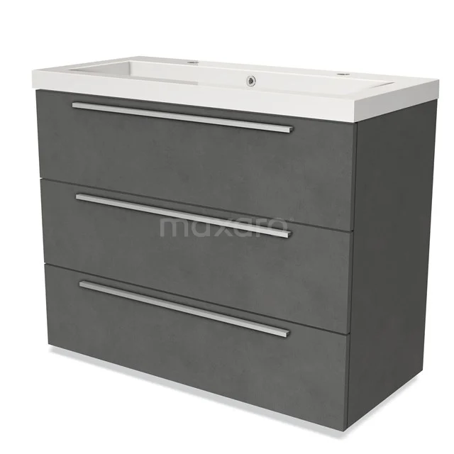 Grey bathroom furniture set with matte white drawers, white basin and metal handles, ideal for modern bathrooms.