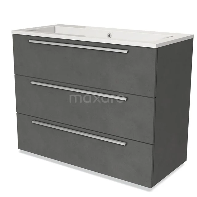 Grey bathroom cabinet with three drawers, matte finish, including white basin; modern design for stylish bathroom storage.