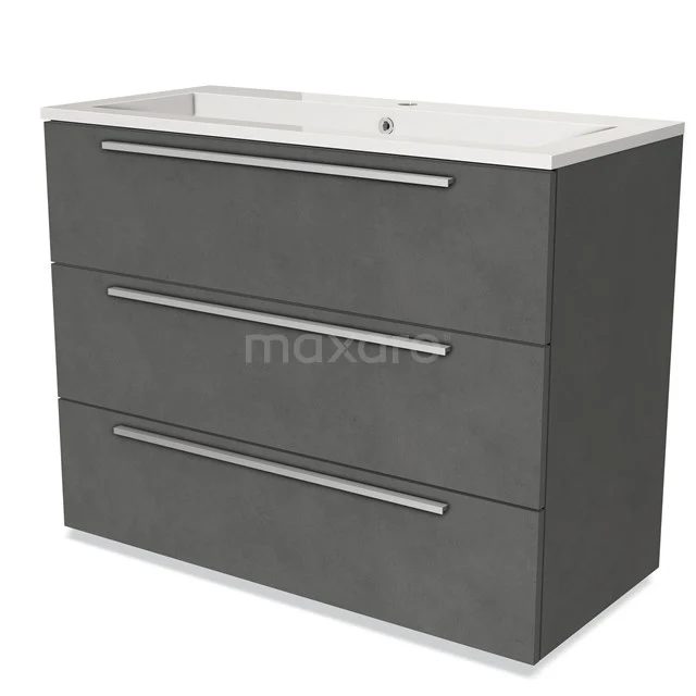 Grey bathroom furniture set with 3 drawers, modern design and integrated basin, ideal for sleek bathroom design.