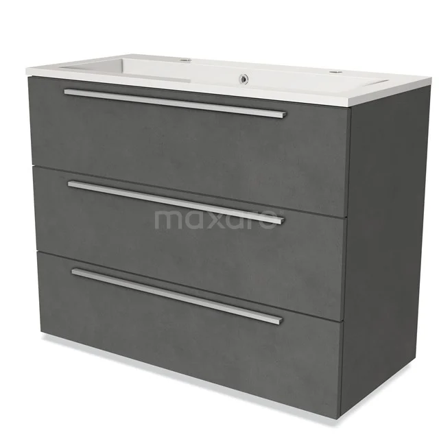 Anthracite-grey bathroom furniture set with three wide drawers, integrated basin and sleek metal handles.