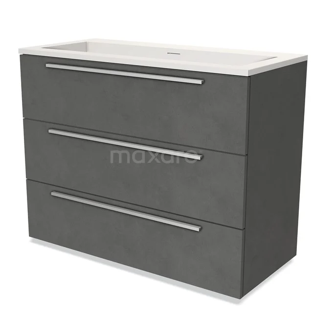 Grey bathroom furniture set with three drawers, modern concrete-look finish and chrome handles, ideal for a stylish bathroom.