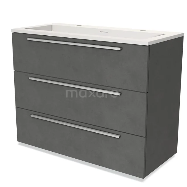 Grey bathroom furniture set with metal handles, three drawers and white ceramic basin; modern and sleek design.