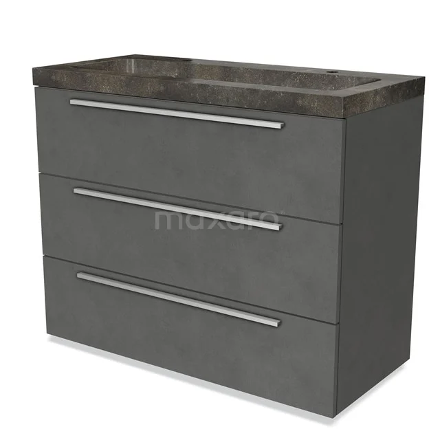 Grauer Badschrank mit drei Schubladen, Waschtischplatte aus Beton und schlichten Metallgriffen, ideal für moderne Bäder.