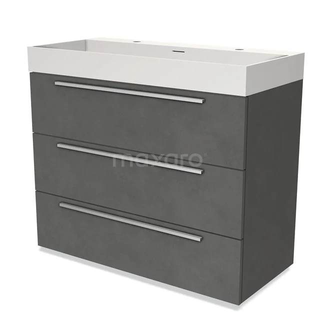 Grey bathroom cabinet with three drawers, modern metal handles and a white basin, ideal for a stylish bathroom.