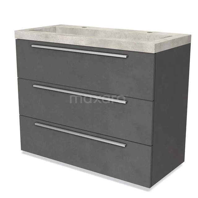 Grey bathroom furniture set with Concrete Basin, three spacious drawers and sleek handles, modern and minimalist design.