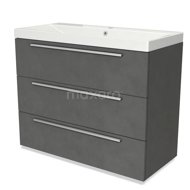 Grey bathroom furniture set with three drawers, white ceramic basin worktop and sleek modern design, ideal for a stylish bathroom.