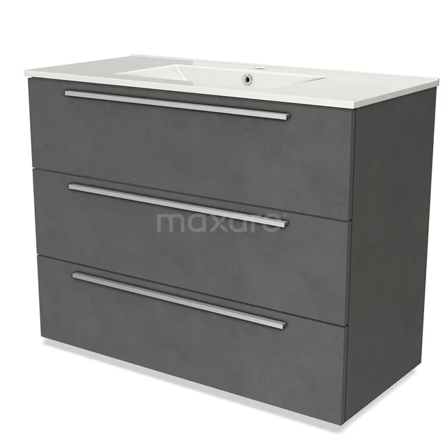 Grey vanity set with three drawers, sleek metal handles, ceramic basin, ideal for a modern bathroom.