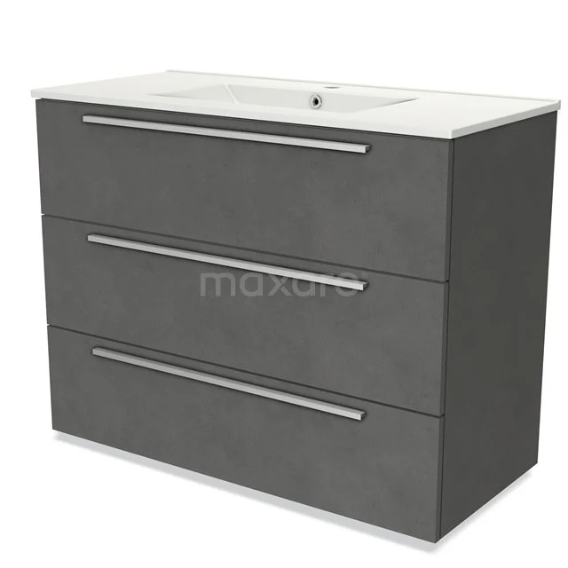 Grey bathroom unit with three drawers and metal handles, including white vanity units with basin, modern style and sleek design.