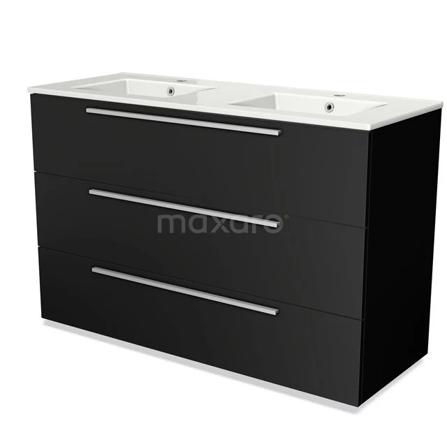 Black vanity unit with double basin, clean lines and three wide drawers, ideal for a modern bathroom.