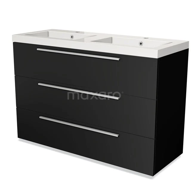 Schwarz doppelte Badmöbel mit weißem Waschbecken, schlichtes Design und metallischen Griffen, ideal für moderne Bäder.