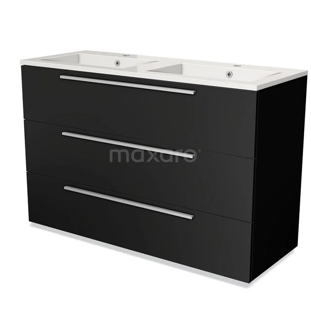 Black double basin vanity unit with three drawers and a white ceramic basin, ideal for modern bathrooms.