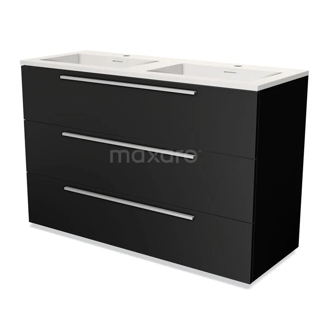 Black bathroom unit with double basin, three drawers and sleek design, ideal for modern bathrooms.