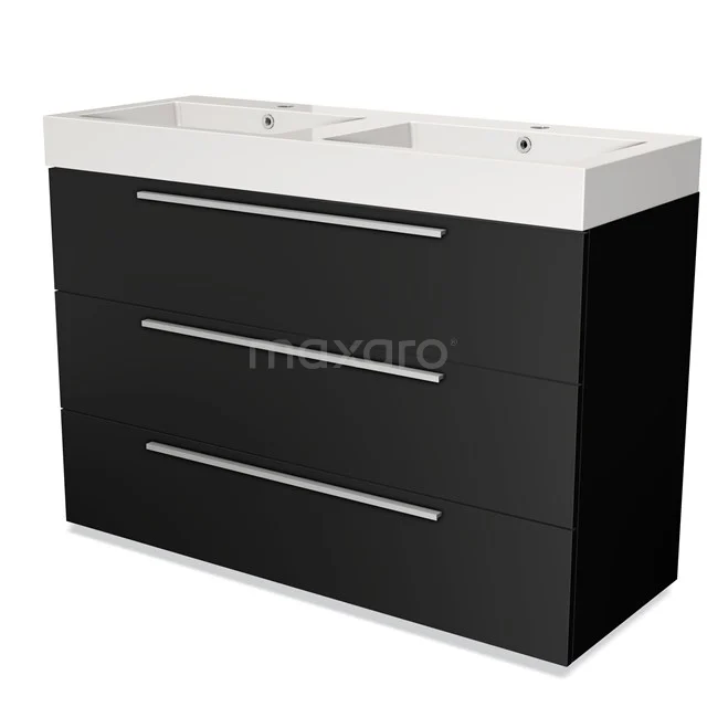 Black bathroom unit with basin, three drawers and sleek design, ideal for modern bathrooms.