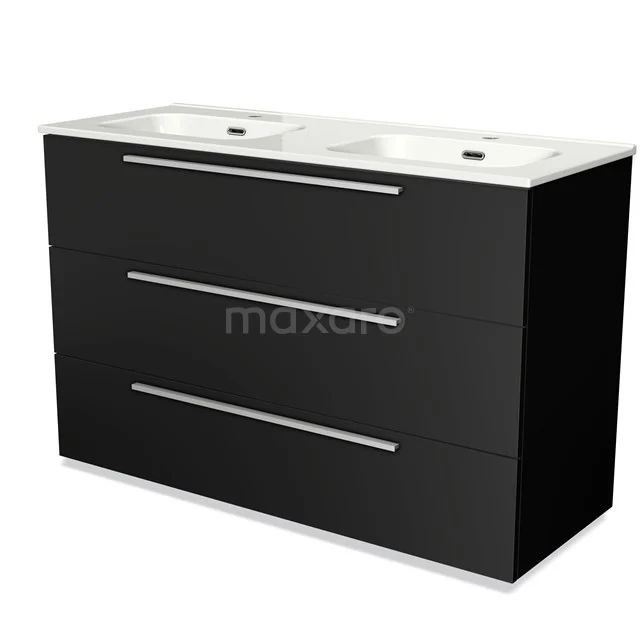 Black vanity units with basin, sleek design, three drawers and modern metal handles.