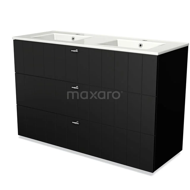 Black double basin vanity unit with ceramic basin, clean lines and three drawers; ideal for a modern bathroom.