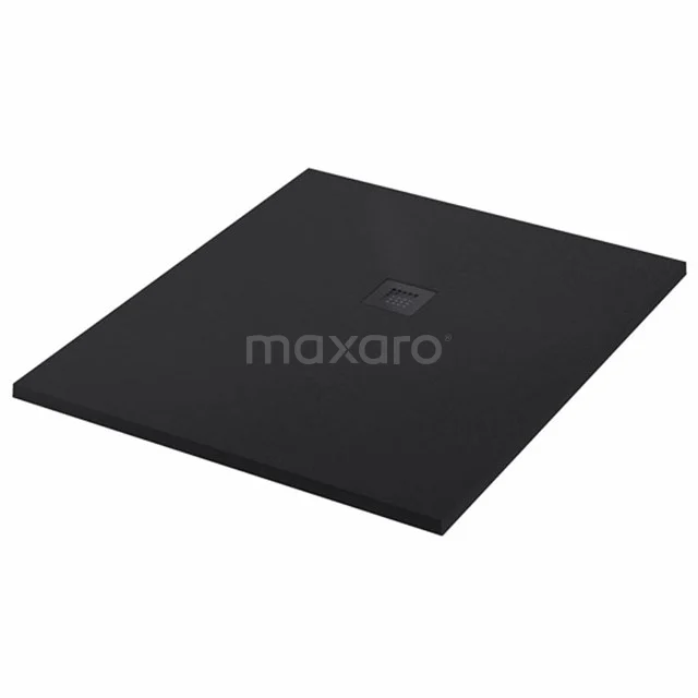 Schwarze quadratische Duschplatte aus Keramik mit matter Oberfläche, ideal für einen modernen Badezimmerstil.