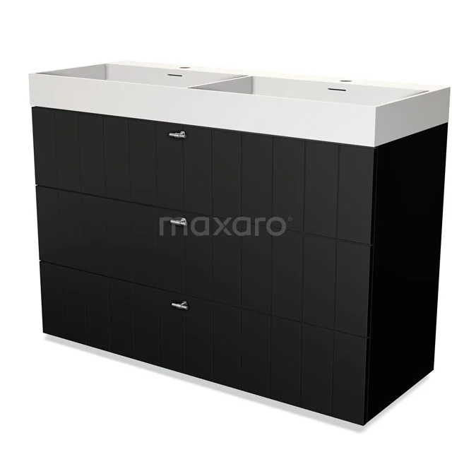 Black bathroom furniture set with double sink, clean lines, metal handles, and a white high-gloss black worktop.
