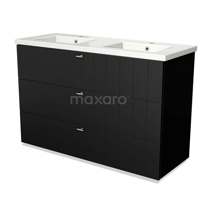 Modulo Vanity units with basin | 120 cm Matte black Slat front Ceramic 3 drawers BMW19-01175 Black double basin vanity unit with high-gloss finish, three drawers and ceramic basin for modern bathroom design.