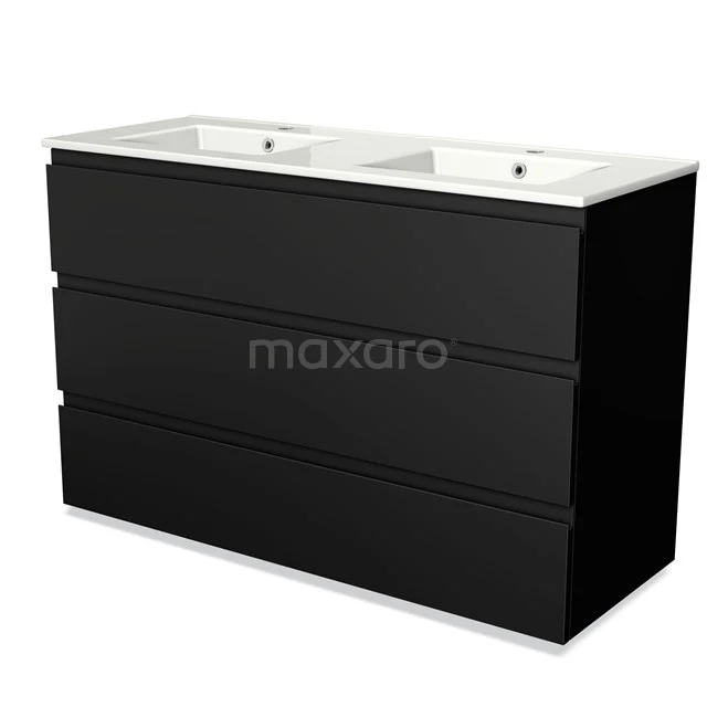 Black double basin bathroom unit with white basin, three drawers and sleek design, ideal for modern bathrooms.