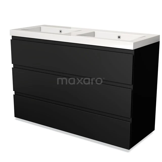 Black double basin with three drawers, modern finish, ideal for bathroom storage and stylish decoration.