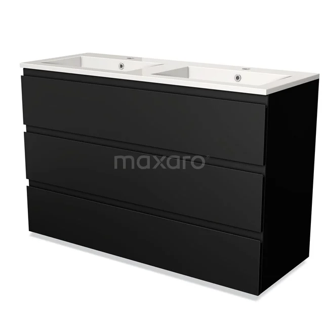 Black vanity unit with double basin, sleek design, high-gloss finish and spacious drawers for optimal bathroom storage.