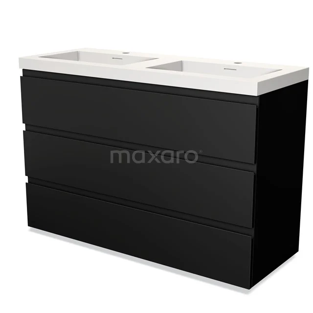 Black bathroom furniture set with double white basin, modern design, three drawers, ideal for stylish bathroom storage.