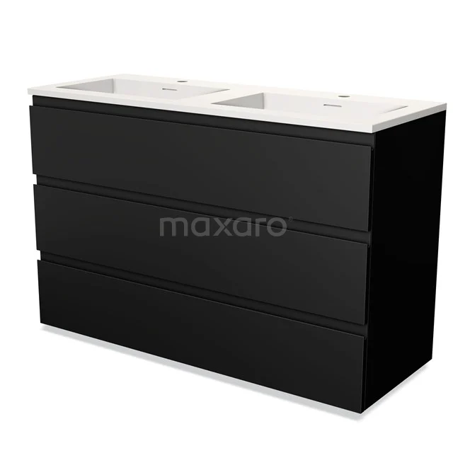 Black double vanity base unit with sleek drawers, white sink and modern design, perfect for a stylish bathroom.