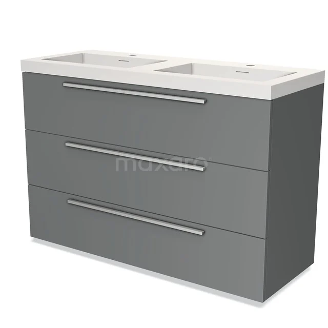 Grey bathroom furniture set with double basin, clean lines, three drawers and metal handles for modern bathroom style.