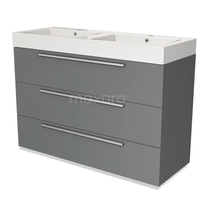 Grey bathroom unit with double basin, sleek metal handles and three drawers for optimal storage space in the bathroom.