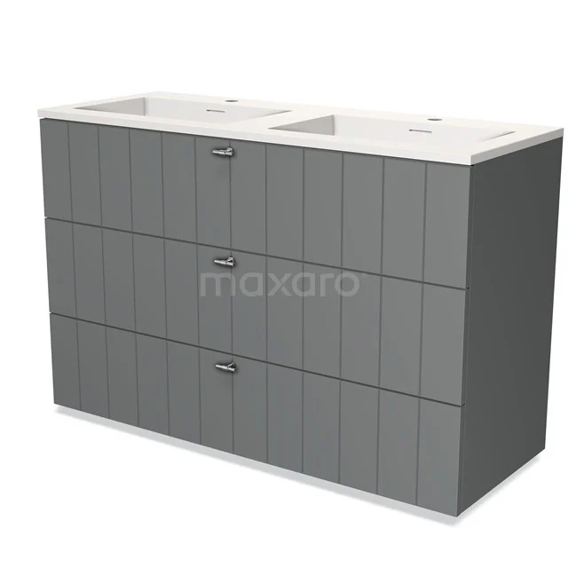Badmöbel 120cm Modulo Mittelgrau 3 Schubladen Slat Waschbecken Solid Surface BMW19-01214 Graues Doppelwaschbecken mit Schubladenschrank, moderne Ausführung, ideal für Badezimmerlagerung, passt zu klaren und minimalistischen Stilen.