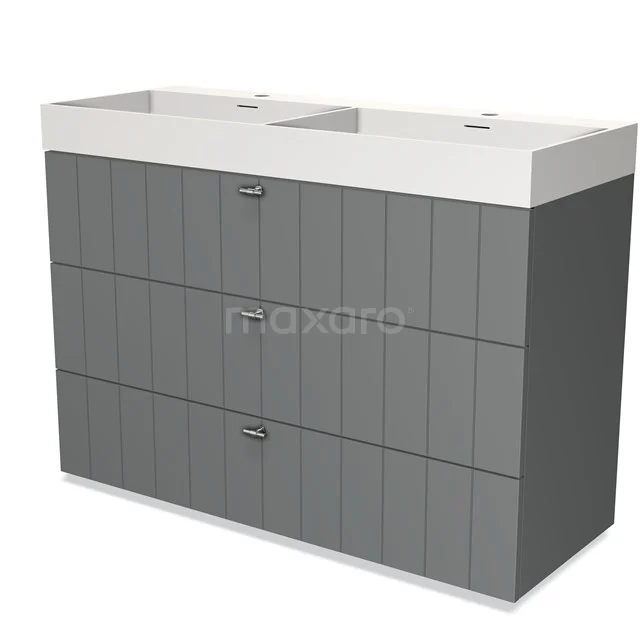 Grey wooden Bathroom cabinet with double basin, clean design and vertical lines, ideal for modern bathrooms.