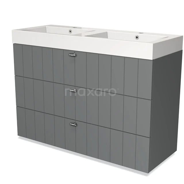 Grey bathroom furniture set with double basin, vertical line pattern and three spacious drawers, modern and practical design.