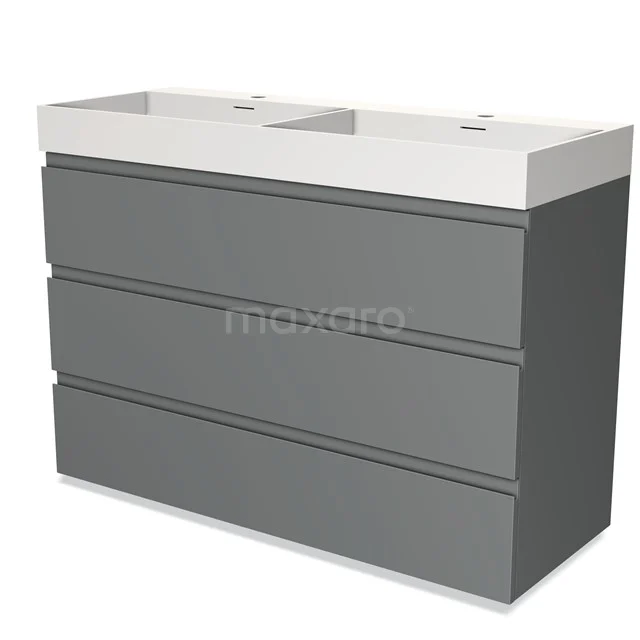 Badmöbel 120cm Modulo Mittelgrau 3 Schubladen Griffloses Solid Surface Waschbecken BMW19-01230 Grauer Badschrank mit Doppelwaschbecken, moderne Ausführung, schlankes Design und geräumige Schubladen für optimale Badezimmerorganisation.