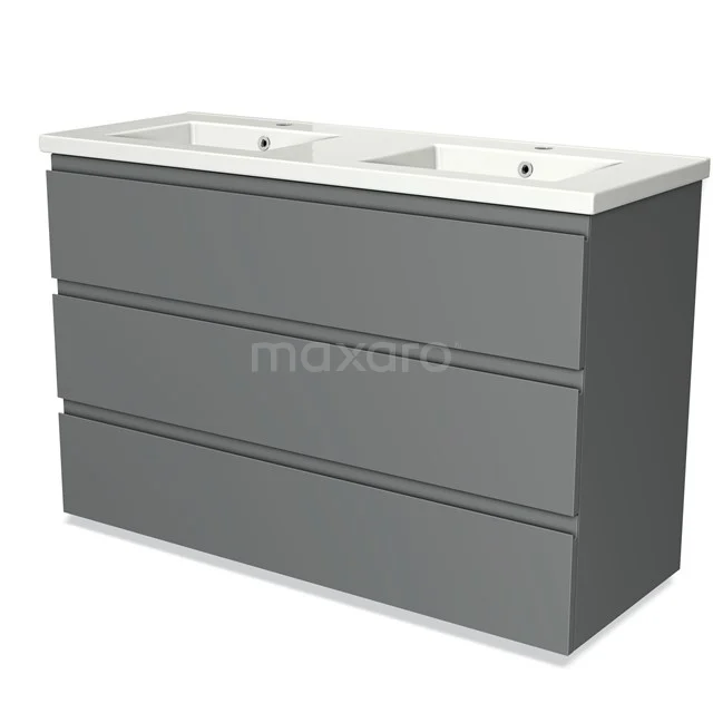 Grey bathroom unit with double basin, modern look, sleek design and 3 handy drawers for optimal storage space.