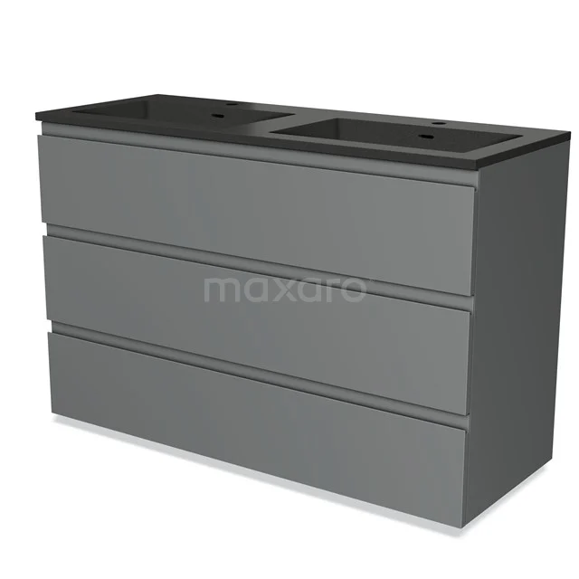Grey Bathroom unit set with double basin in black, sleek design and three handleless drawers for modern bathroom.