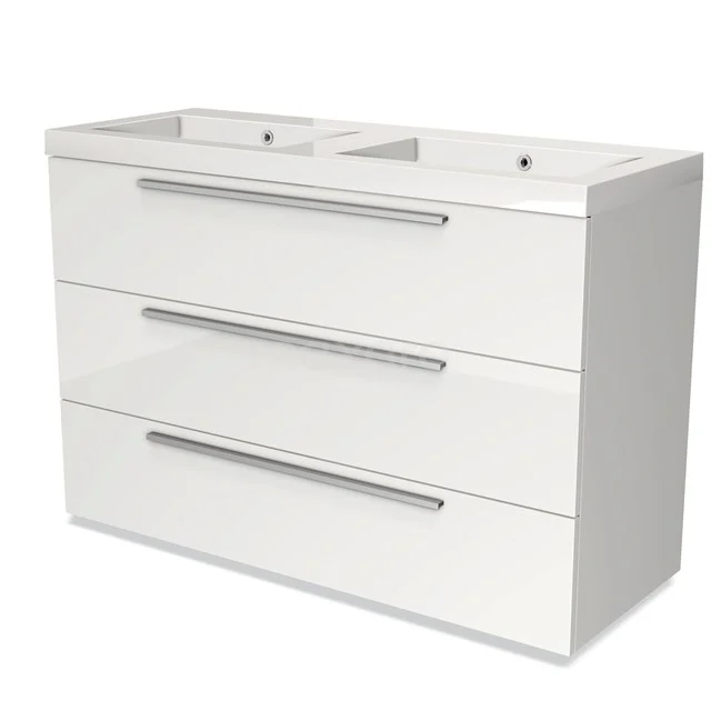 Weiße Doppelwaschbecken mit glänzenden Schubladen, modernes Badezimmermöbel aus hochwertigem Material, schlankes Design mit metallischen Griffen.