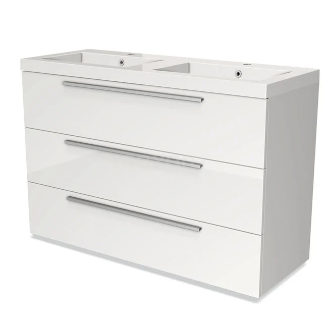 Weißes Doppel-Waschtischmöbel mit schlichten Schubladen und Metallgriffen, ideal für moderne Bäder.