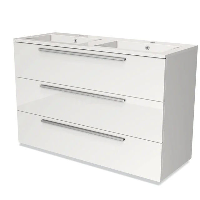 White double basin base cabinet with three drawers and sleek aluminium handles, ideal for modern bathroom storage.